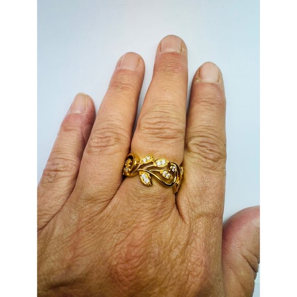Estate Gold Over 925 Silver Leaf Band Ring w/ CZ Accents, Size 9, 6.3g Vintage - Picture 5 of 10